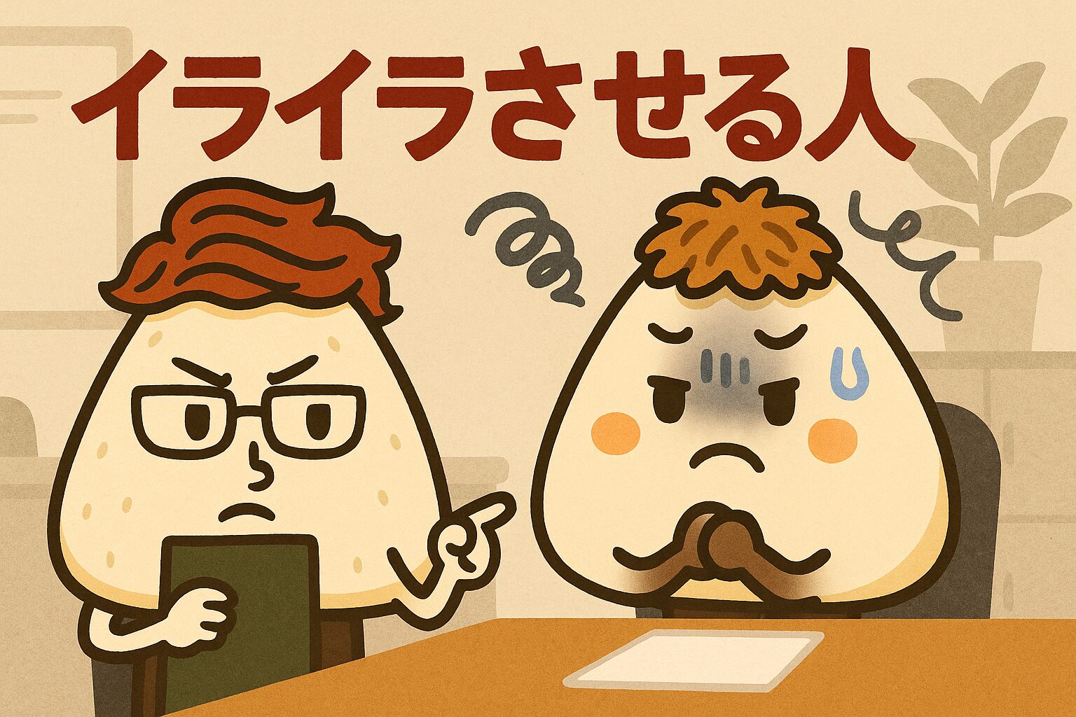ペラペラしゃべっている人と、聞かされてイライラしているおかかくん