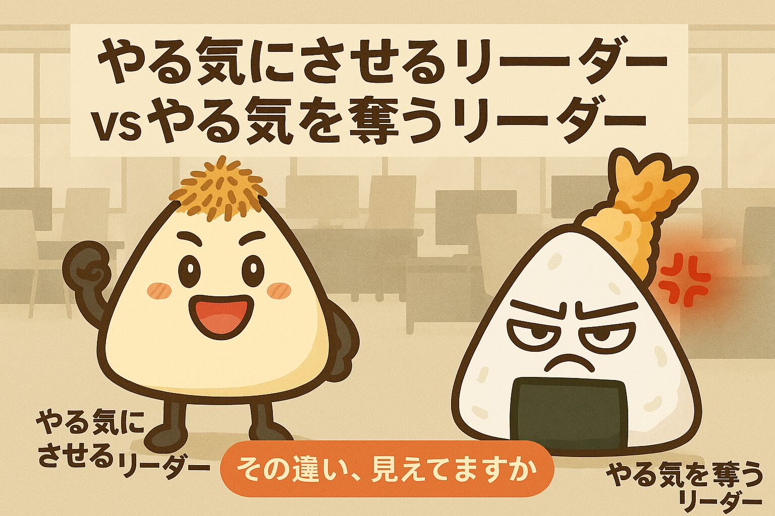 やる気にさせるリーダーおかかくんとやる気を奪うリーダーてんむすくん