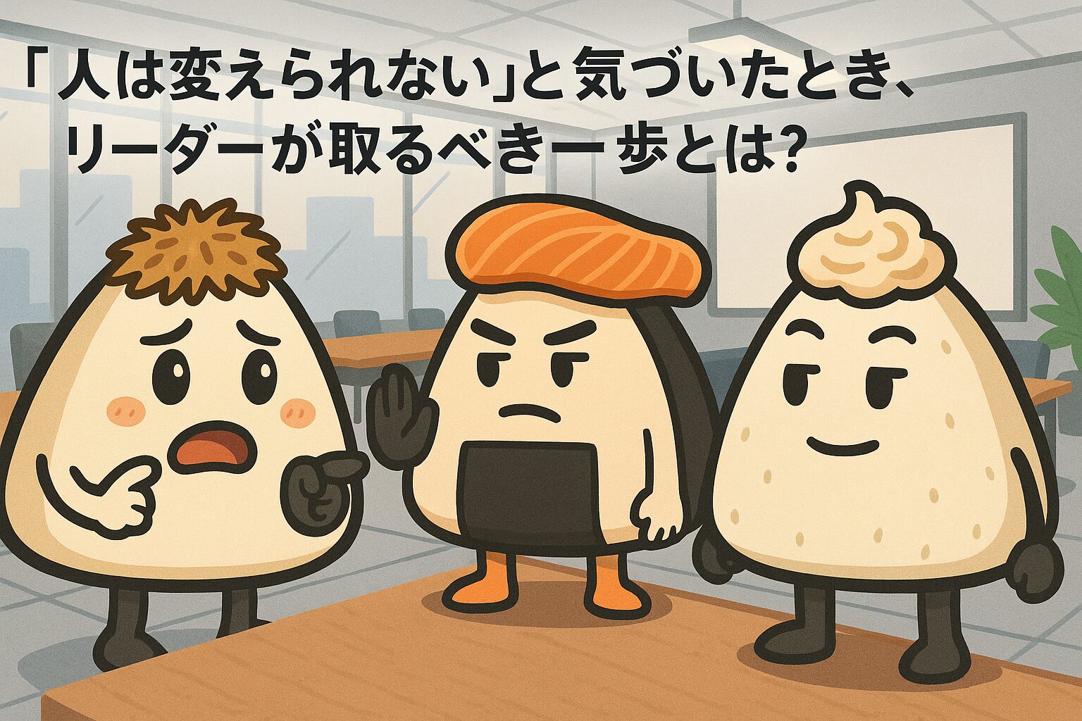 ツナマヨくんに指摘しているおかかくんとそれを止めているしゃけ先輩