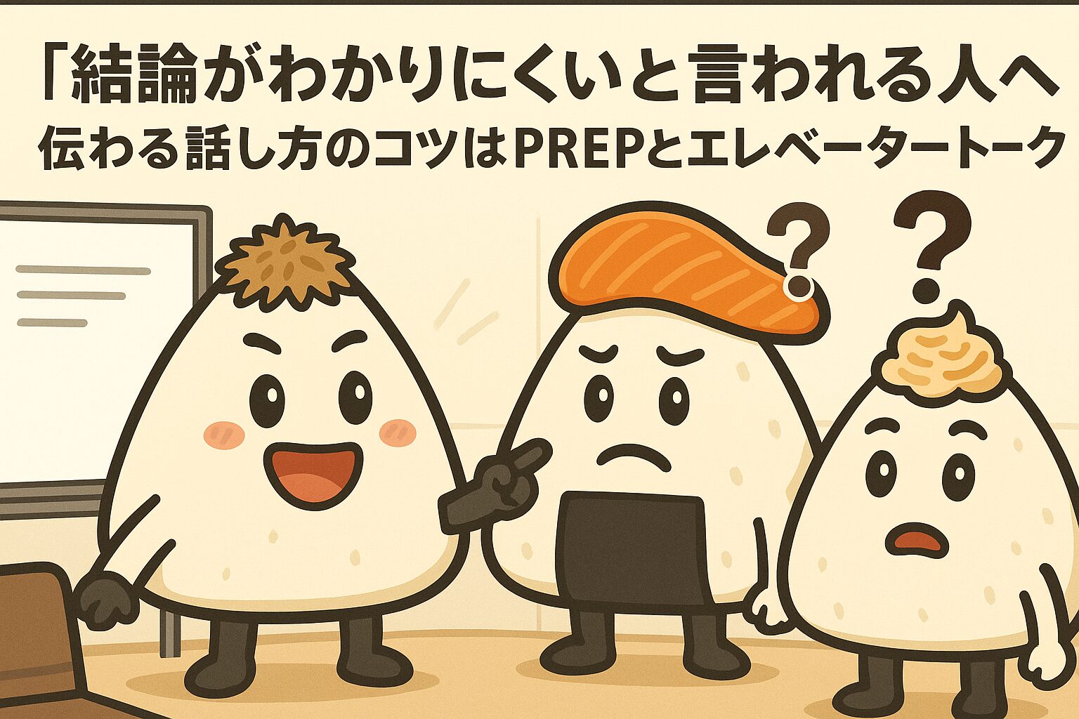 一生懸命説明しているおかかくんとはてなマークがでているしゃけ先輩とツナマヨくん