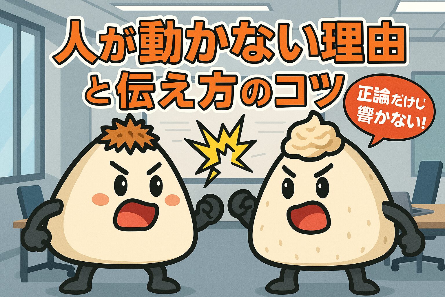 オフィスでなにやら言い争っているおかかくんとツナマヨくん