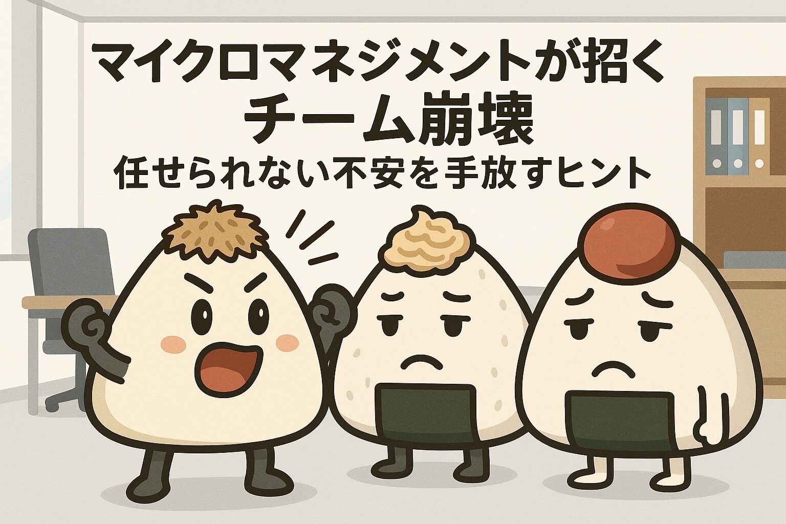 一生懸命に指示を出しているおかかくんと、うんざりしているツナマヨくん、うめぼしさん