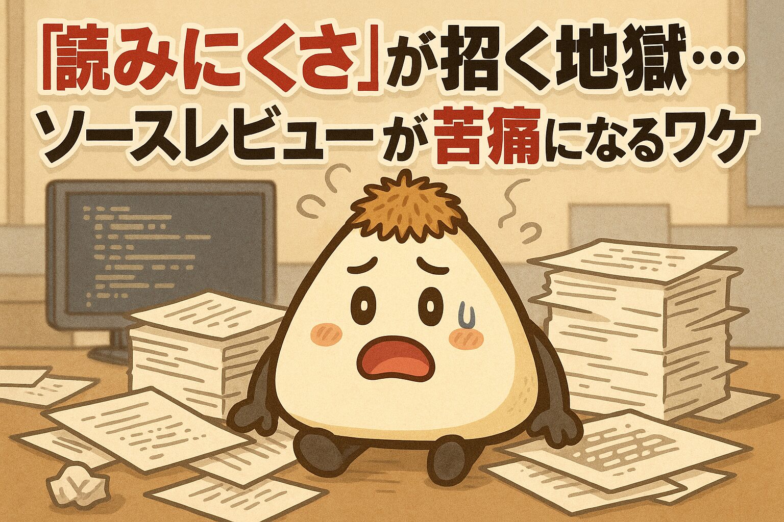 レビュー対象の資料が山積みになってつらそうなおかかくん
