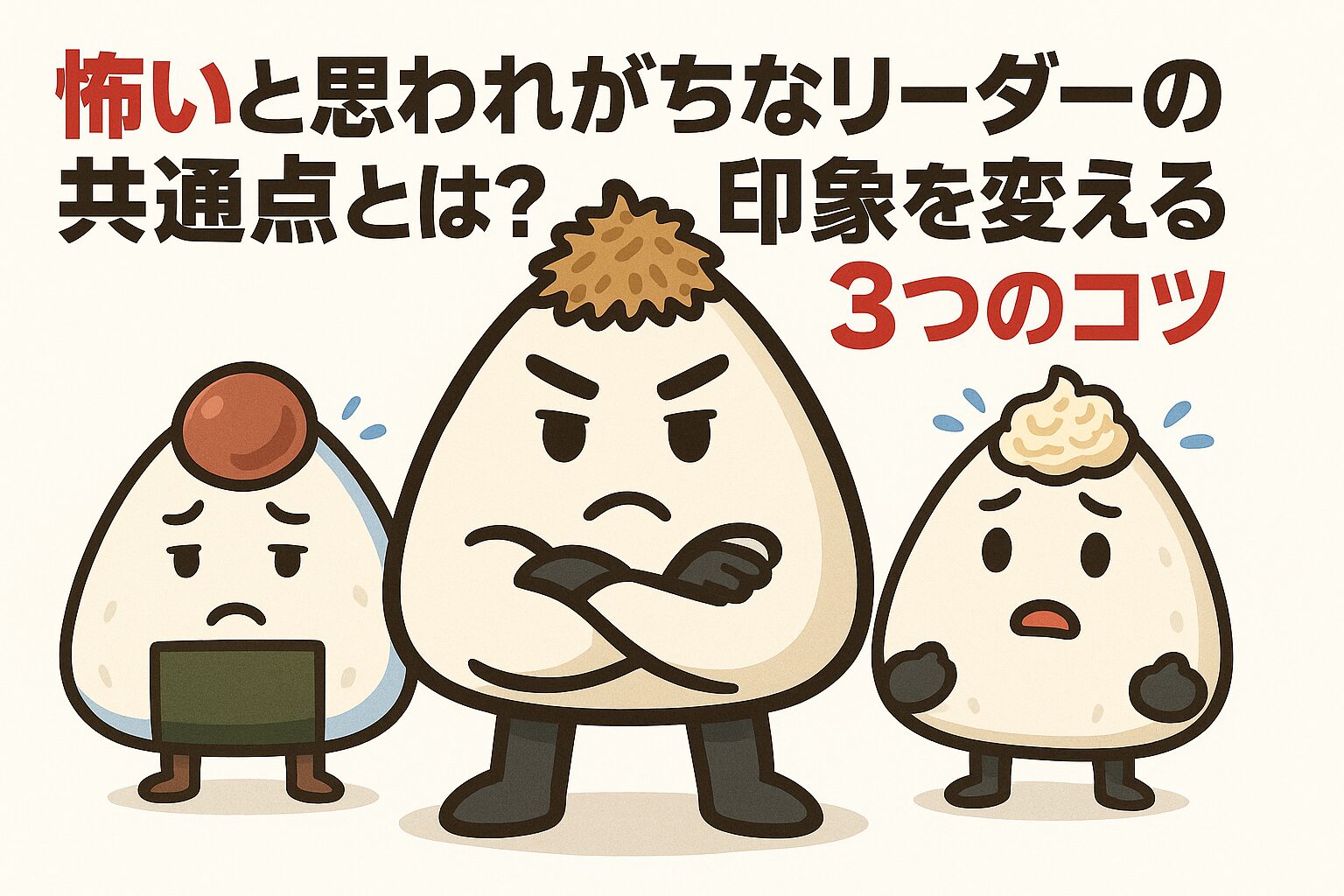 中央に腕を組んで強い表情のおかかくんと、後ろに少し引き気味のうめぼしさんとツナマヨくんが不安そうな表情で見ている