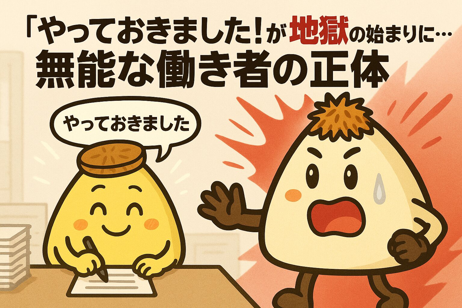 黙々と仕事をするたくあんくん。そのたくあんくんを焦って止めようとするおかかくん