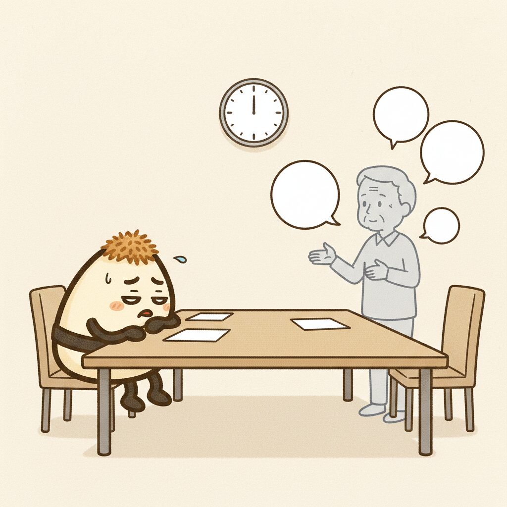 長話に疲弊するおかかくんと会議室の時計