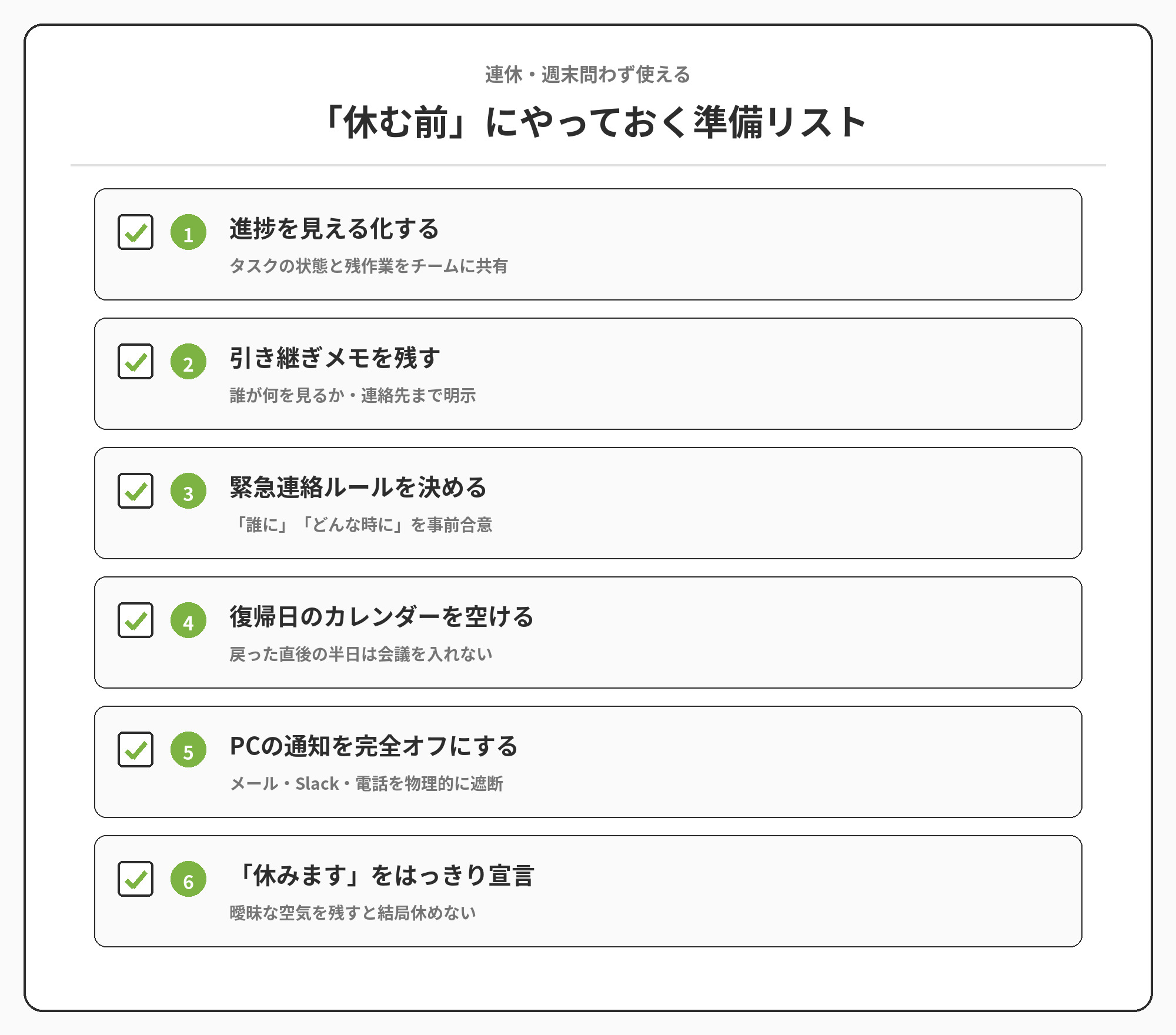 連休・週末問わず使える「休む前」にやっておく準備リスト。進捗の見える化、引き継ぎメモを残す、緊急連絡ルールを決める、復帰日のカレンダーを空ける、PCの通知をオフにする、休みますを宣言する、の6つのチェックリスト。