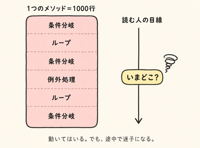 1000行が1本のメソッドに詰まっていて読み手が迷子になる様子の図解