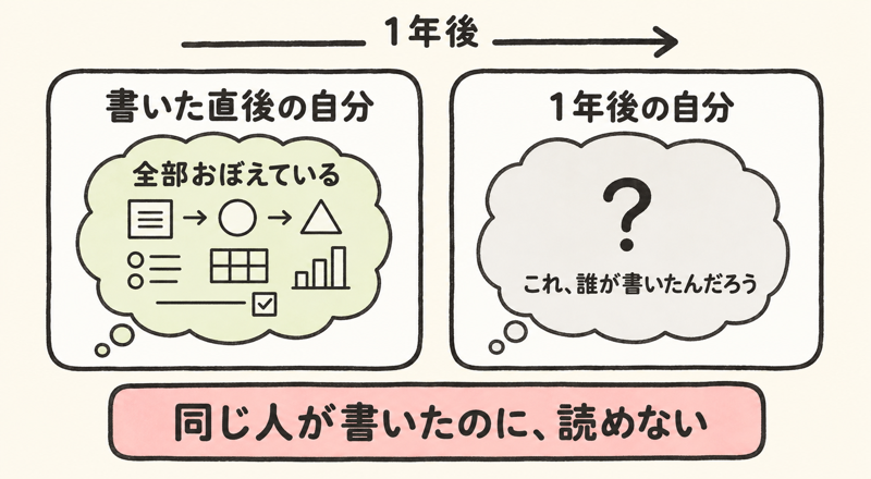 書いた直後の自分と1年後の自分で読めるかどうかが変わる対比図