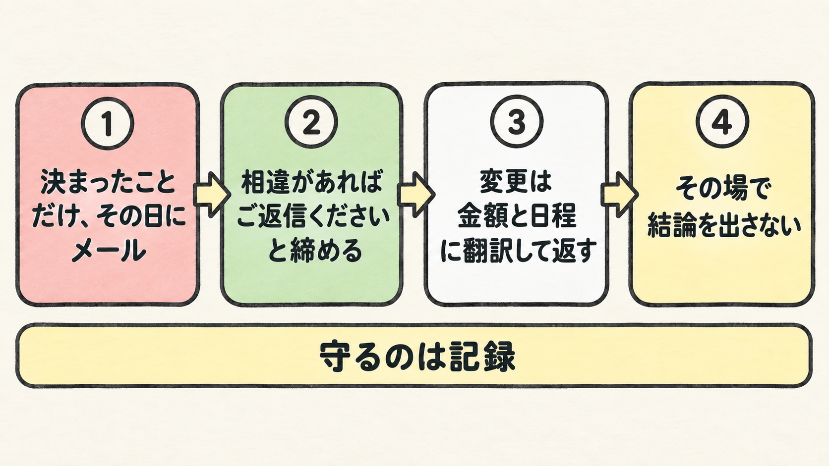 「言った言わない」を防ぐ4ステップ。当日メール・相違があれば返信・金額と日程に翻訳・その場で結論を出さない