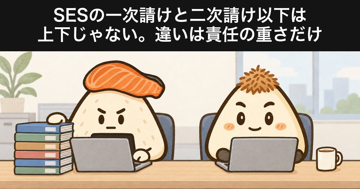 ファイルの山を抱えるしゃけ先輩と、パソコンだけで作業するおかかくんが同じ高さの机に並ぶ